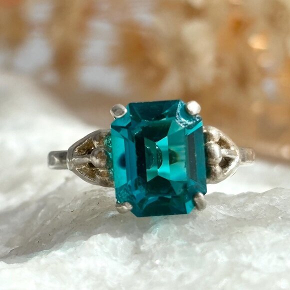 Sarah Coventry Teal Tourmaline Emerald Cut 925 Sterling Silver Vintage Ring sz 7 - Picture 1 of 12